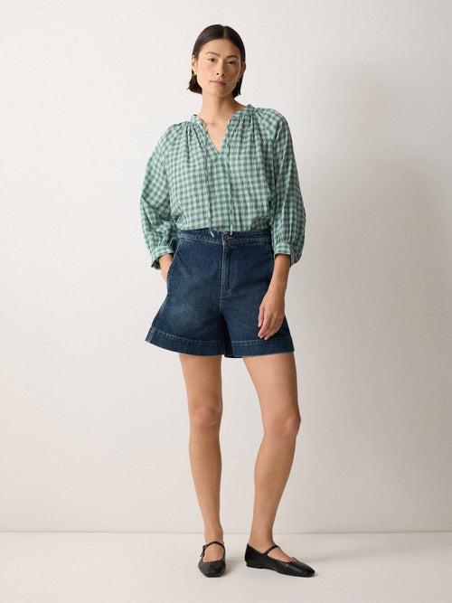 V Neck Checked Relaxed Blouse | Green