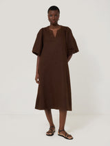 Linen Puff Sleeve Midi Dress | Brown