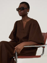 Linen Puff Sleeve Midi Dress | Brown