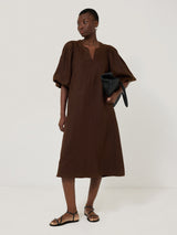 Linen Puff Sleeve Midi Dress | Brown