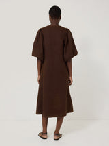 Linen Puff Sleeve Midi Dress | Brown