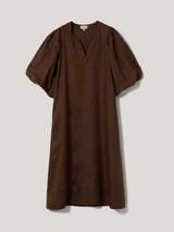 Linen Puff Sleeve Midi Dress | Brown