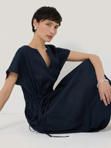 Linen Channel Midi Dress | Navy