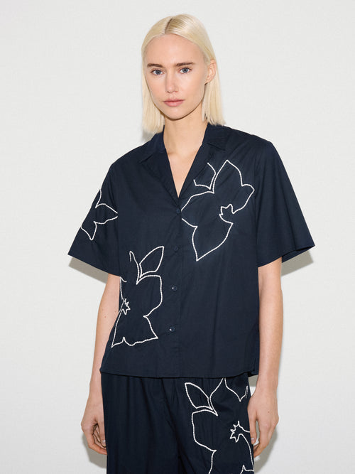 Cut Out Embroidery Shirt | Navy