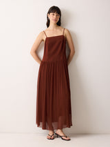 Silk Mix Drop Waist Dress | Brown
