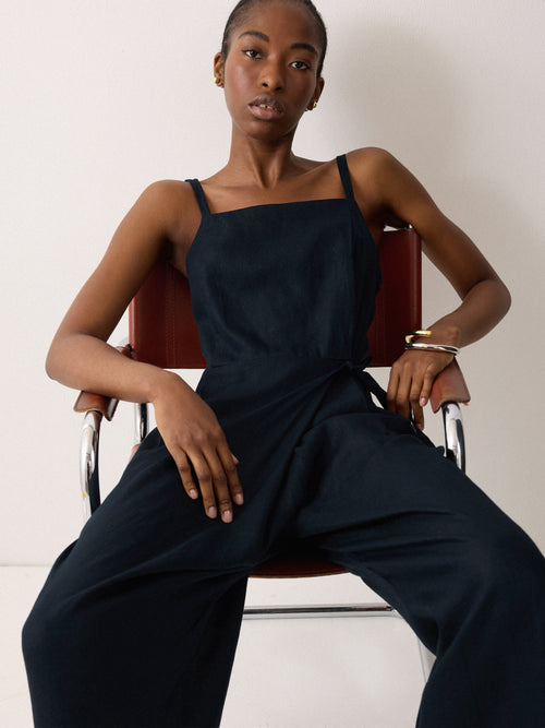 Linen Tie Front Jumpsuit | Navy