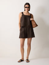 Linen Scallop Shorts | Brown