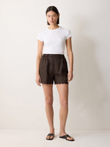 Linen Scallop Shorts | Brown