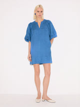 Linen Puff Sleeve Mini Dress | Blue
