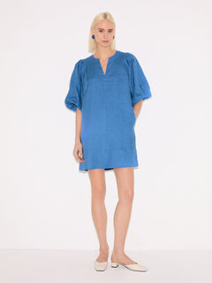 Linen Puff Sleeve Mini Dress | Blue