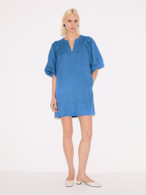 Linen Puff Sleeve Mini Dress | Blue