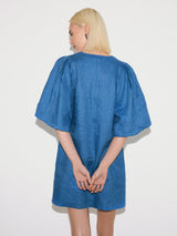 Linen Puff Sleeve Mini Dress | Blue