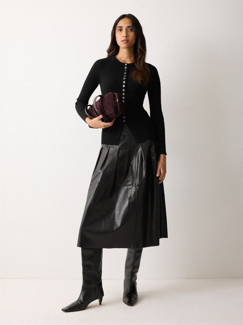 Leather Textured Midi Skirt | Black