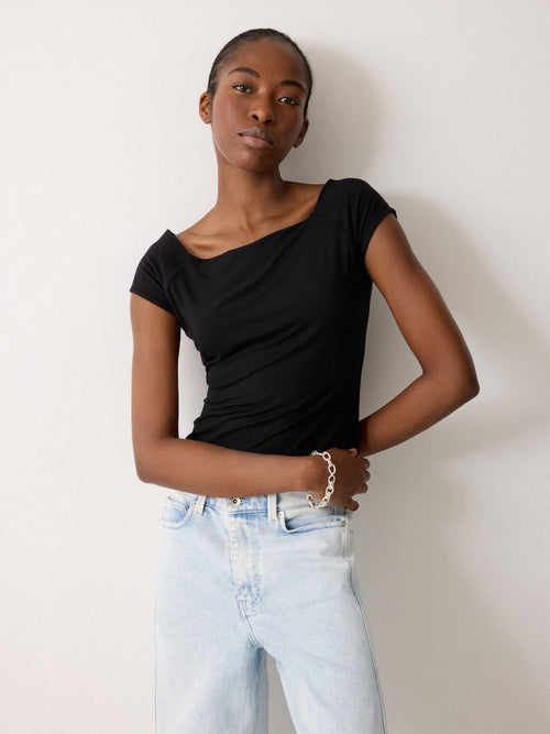 Boatneck Cap Sleeve Jersey Top | Black