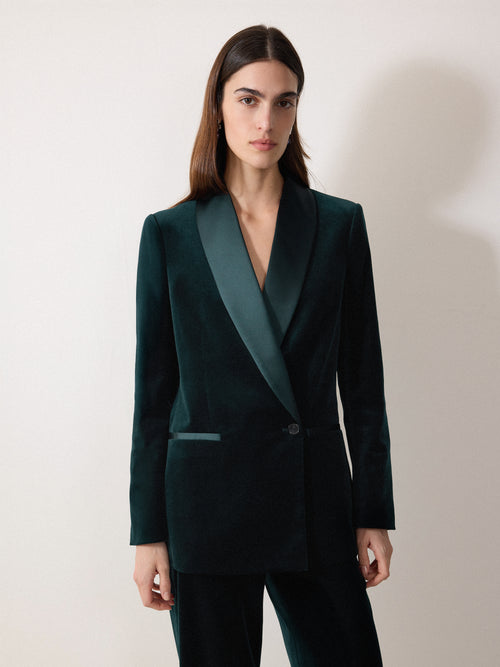 Velvet Satin Shawl Blazer | Green