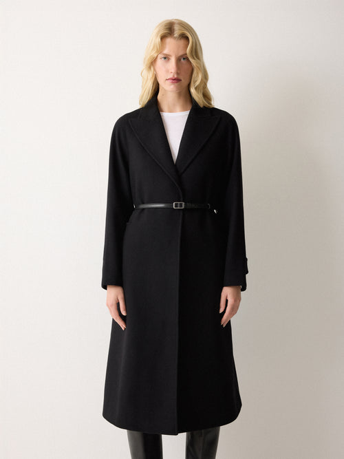 Wool Twill Belted Raglan Coat | Black