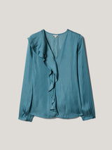 Recycled Satin Frill Blouse | Blue