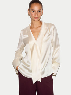 Satin Drape Neckline Blouse | Cream