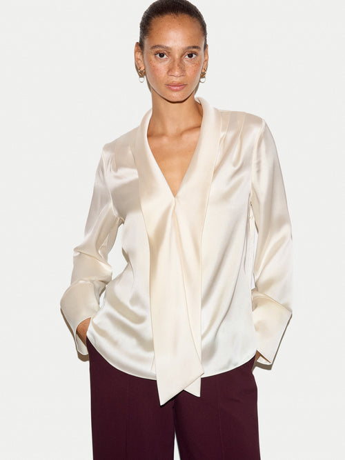 Satin Drape Neckline Blouse | Cream