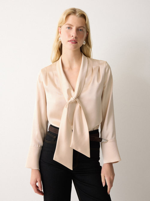 Satin Drape Neckline Blouse | Cream
