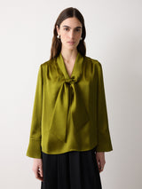 Satin Drape Neckline Blouse | Green