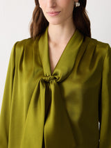 Satin Drape Neckline Blouse | Green