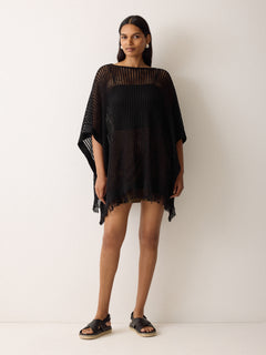 Linen Blend Open Stitch Poncho | Black