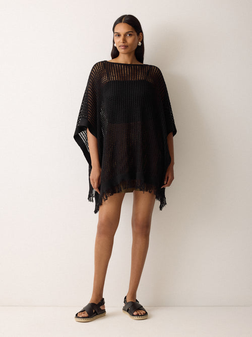 Linen Blend Open Stitch Poncho | Black