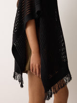 Linen Blend Open Stitch Poncho | Black