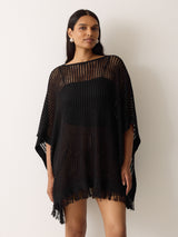 Linen Blend Open Stitch Poncho | Black