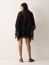 Linen Blend Open Stitch Poncho | Black