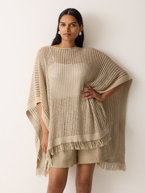 Linen Blend Open Stitch Poncho | Neutral