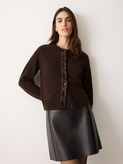 Wool Blend Satin Trim Cardigan | Brown