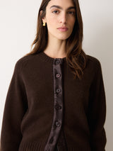 Wool Blend Satin Trim Cardigan | Brown