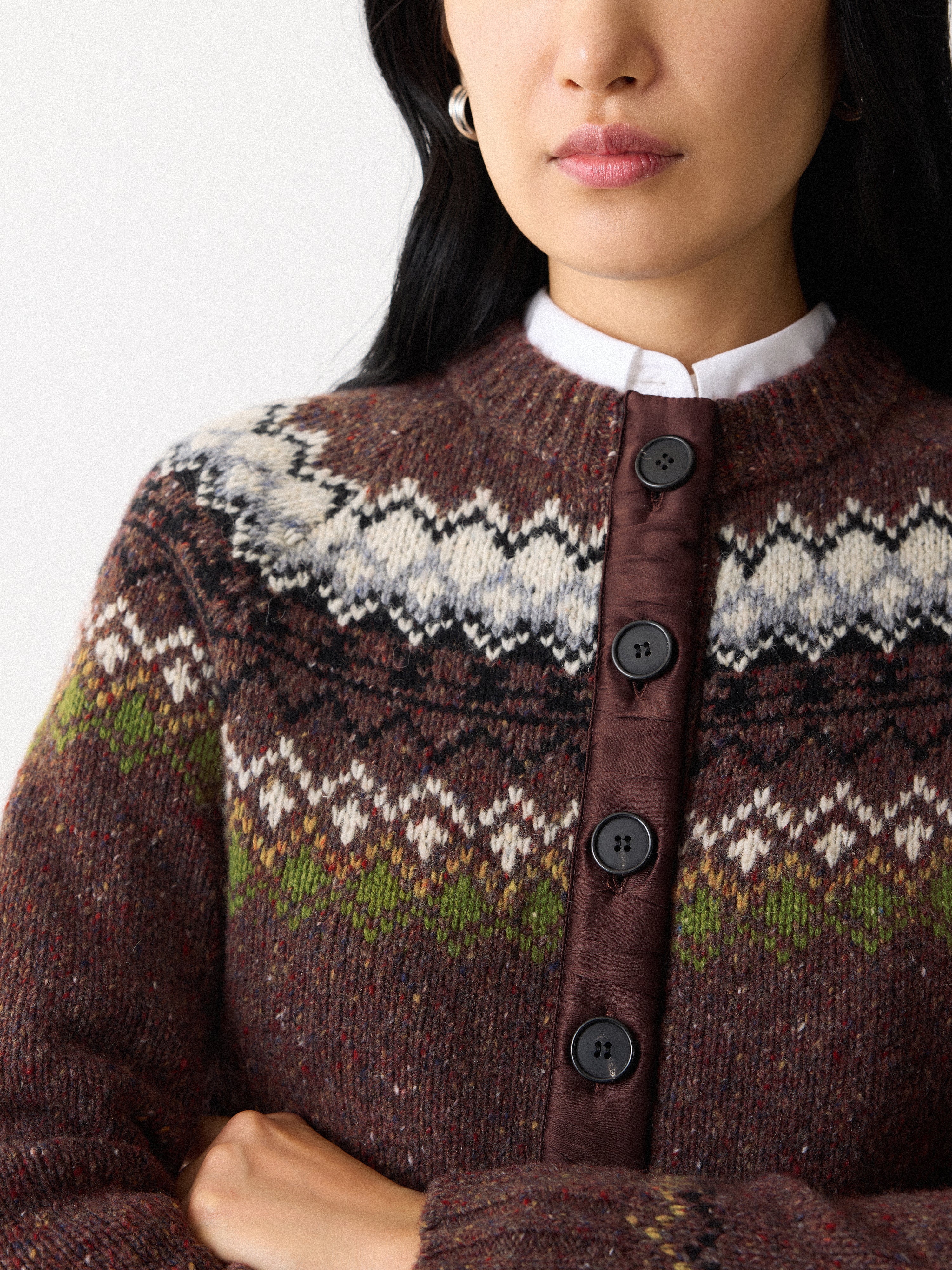Fairisle Silk Trim Cardigan | Brown – Jigsaw