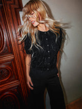 Feather Embellished Cardigan | Black