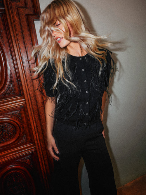 Feather Embellished Cardigan | Black