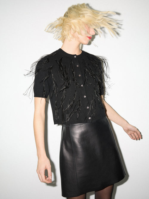 Feather Embellished Cardigan | Black