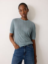 Fine Pointelle Cable T-shirt | Blue