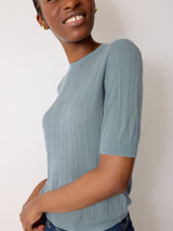 Fine Pointelle Cable T-shirt | Blue