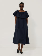 Off The Shoulder Poplin Dress | Navy
