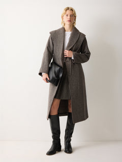 Herringbone Hooded Wrap Coat | Brown