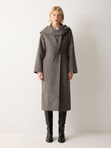 Herringbone Hooded Wrap Coat | Brown