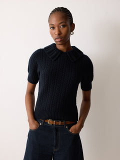 Cable Knit Collar T-Shirt | Navy