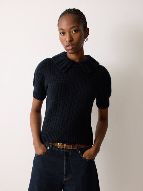 Cable Knit Collar T-Shirt | Navy