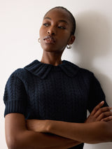 Cable Knit Collar T-Shirt | Navy