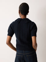 Cable Knit Collar T-Shirt | Navy