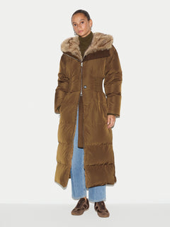 Hooded Faux Fur Maxi Puffer | Khaki