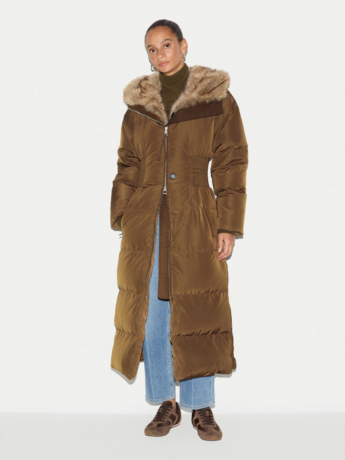 Hooded Faux Fur Maxi Puffer | Khaki