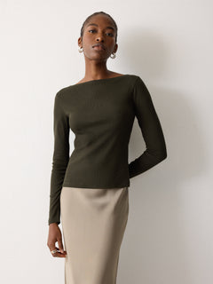 Long Sleeve Cotton Rib Slash Neck T-shirt | Khaki